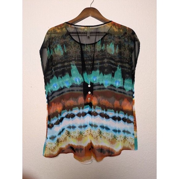 Colorful Abstract Sheer Blouse Size PXL Made in USA Festival Artsy Retro Flowy - Picture 5 of 10